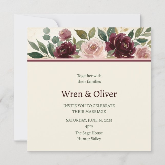 Burgundy Rose Header Wedding Invitation (Front)