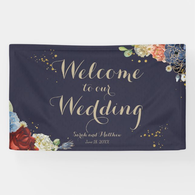 Burgundy Rose Navy Floral Wedding Backdrop Banner (Horizontal)