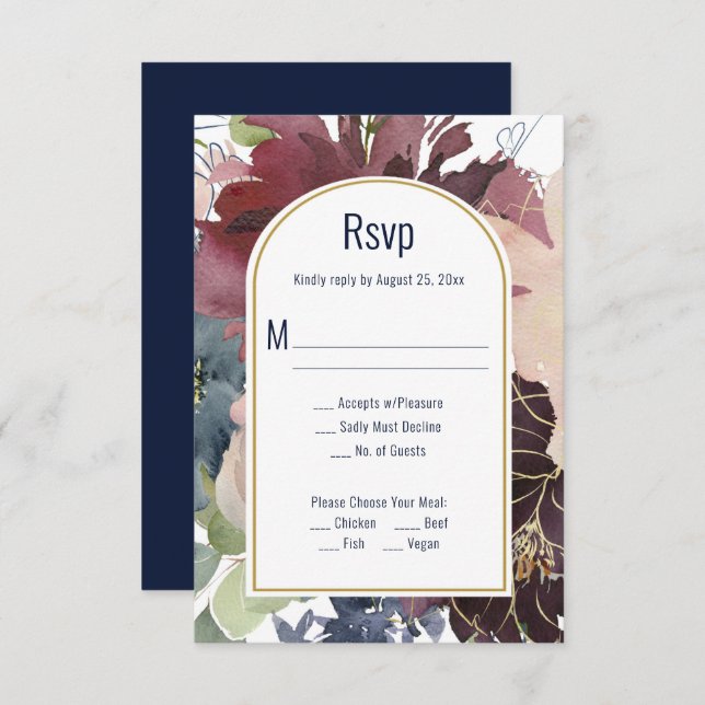 Burgundy, Rose, Navy Gold Arch RSVP (Front/Back)