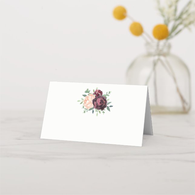 Burgundy Rose Peach Peony Bouquet Place Card (Front)
