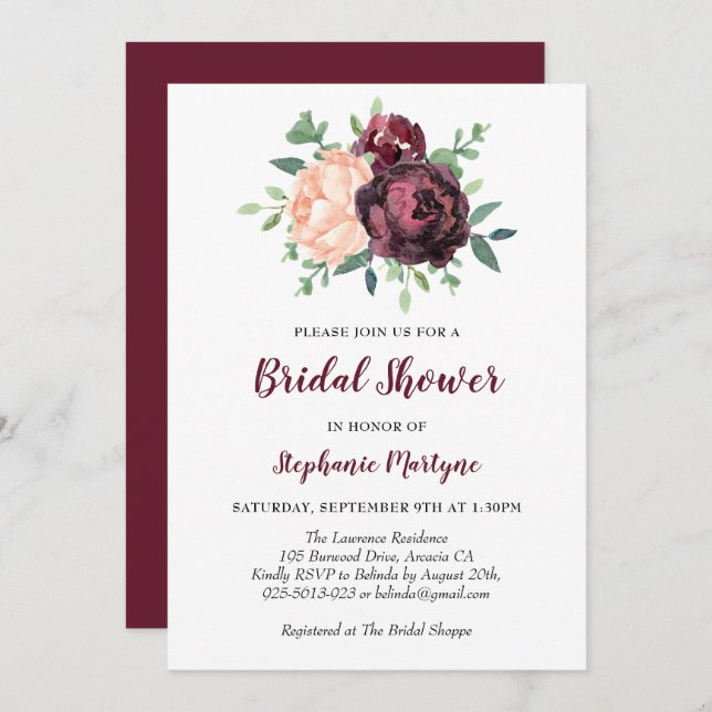 Burgundy Rose Peach Peony Bridal Shower Invitation (Front/Back)