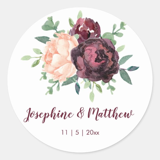 Burgundy Rose Peach Peony Floral Wedding Classic Round Sticker (Front)