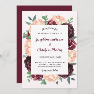 Burgundy Rose Peach Peony Floral Wedding Invitation