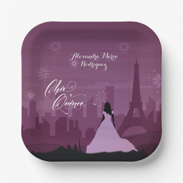 Burgundy Rose Pink Paris Fireworks Quinceañera Paper Plate (Front)