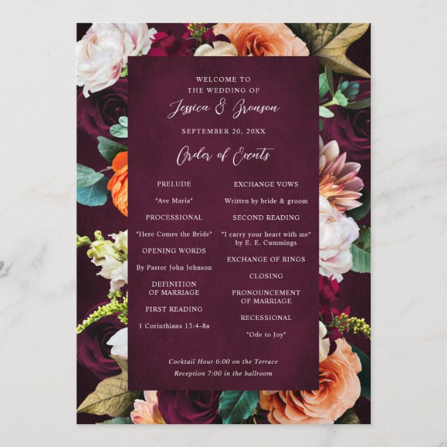 Burgundy Rose Ranunculus Wedding Programme (Front)