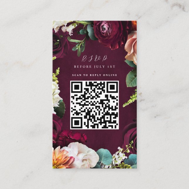 Burgundy Rose Ranunculus Wedding QR Code Enclosure Card (Front)