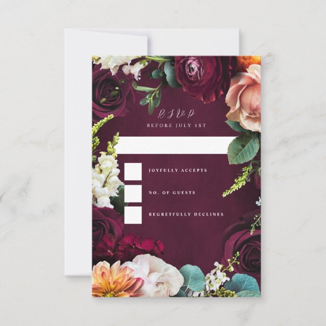 Burgundy Rose Ranunculus Wedding RSVP Card (Front)