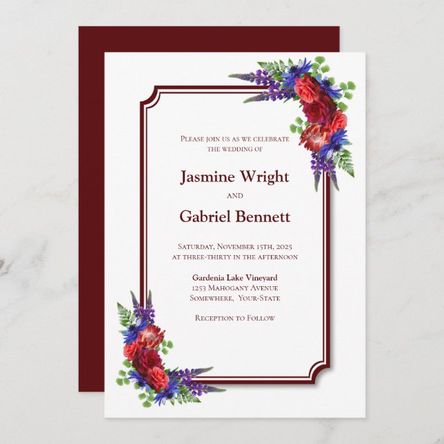 Burgundy Rose Red Border Wedding Invitation (Front/Back)