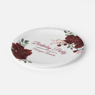 Burgundy Rose Romantic Birthday Party Paper Plate