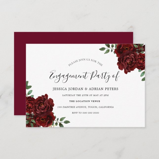 Burgundy Rose Romantic Engagement Party Invitation (Front/Back)