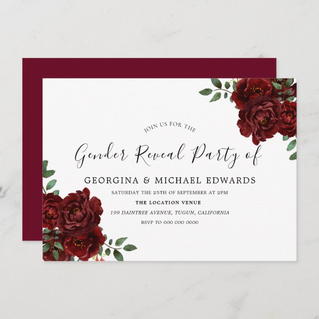 Burgundy Rose Romantic Gender Reveal Party Invitation (Front/Back)