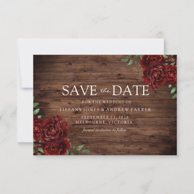 Burgundy Rose Romantic Rustic Save the date (Front)