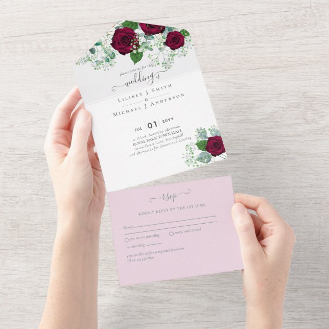 Burgundy Rose Sage Eucalyptus Wedding All In One Invitation (Tearaway)