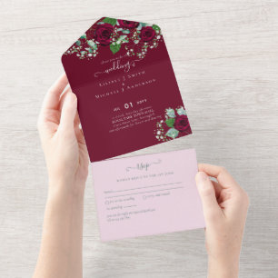 Burgundy Rose Sage Eucalyptus Wedding All In One Invitation