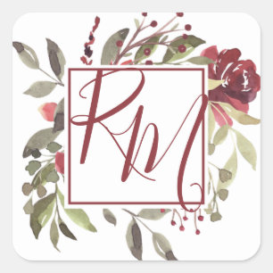 Burgundy Rose Square Monogram Watercolor Sticker