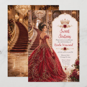 Burgundy Rose Sweet 16 Princess Gold Crown Invitation