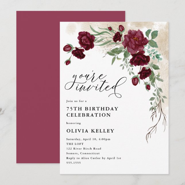Burgundy Rose Vine, Floral Birthday Party Invitation (Front/Back)