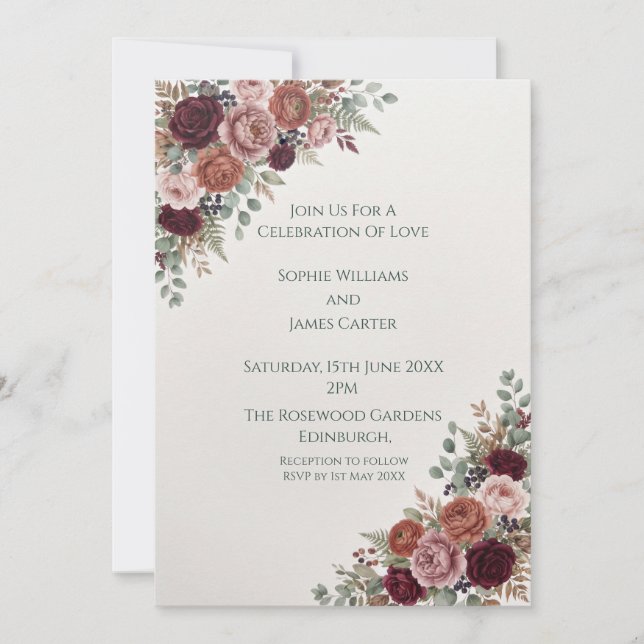 Burgundy Rose Wedding Invitation (Front)