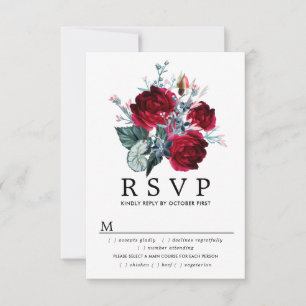 Burgundy Rose Wedding RSVP Card, Meal Options