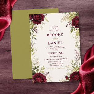 Burgundy Rose Wildflower Olive Garden Wedding Invitation