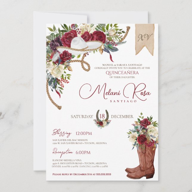 Burgundy Rose Winter Western Charro Quinceanera Invitation (Front)