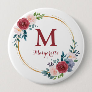 Burgundy Rose Wreath Custom Monogram & Name 10 Cm Round Badge