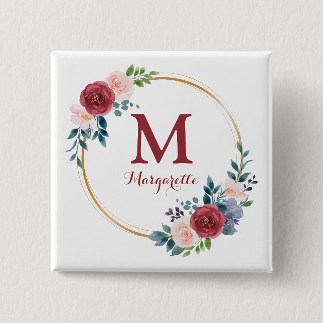 Burgundy Rose Wreath Custom Monogram & Name 15 Cm Square Badge (Front)
