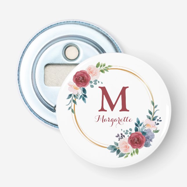 Burgundy Rose Wreath Custom Monogram & Name Bottle Opener (Front)