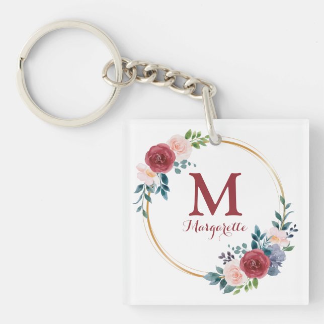 Burgundy Rose Wreath Custom Monogram & Name Key Ring (Front)