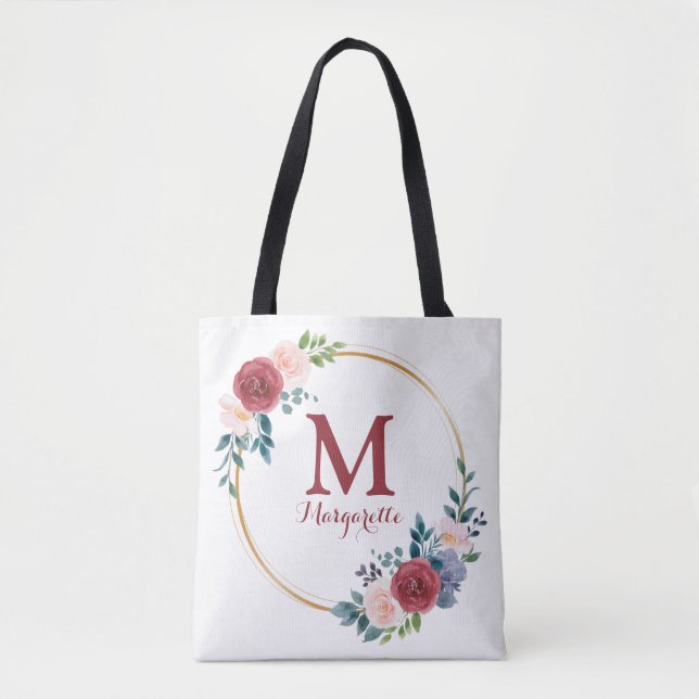 Burgundy Rose Wreath Custom Monogram & Name Tote Bag (Front)