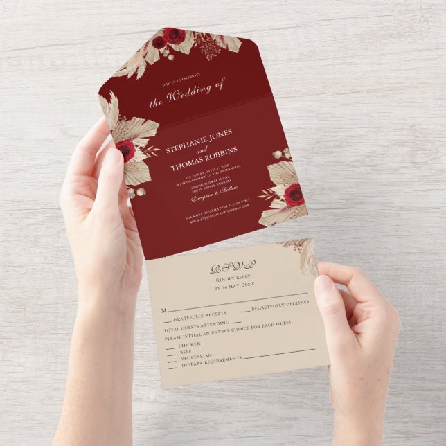 Burgundy Roses and Pampas Grass All in One Invite (Tearaway)