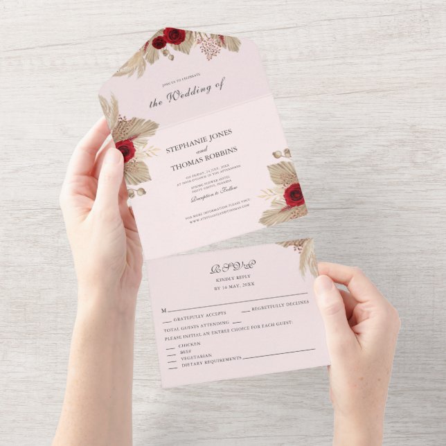Burgundy Roses and Pampas Grass All in One Invite (Tearaway)