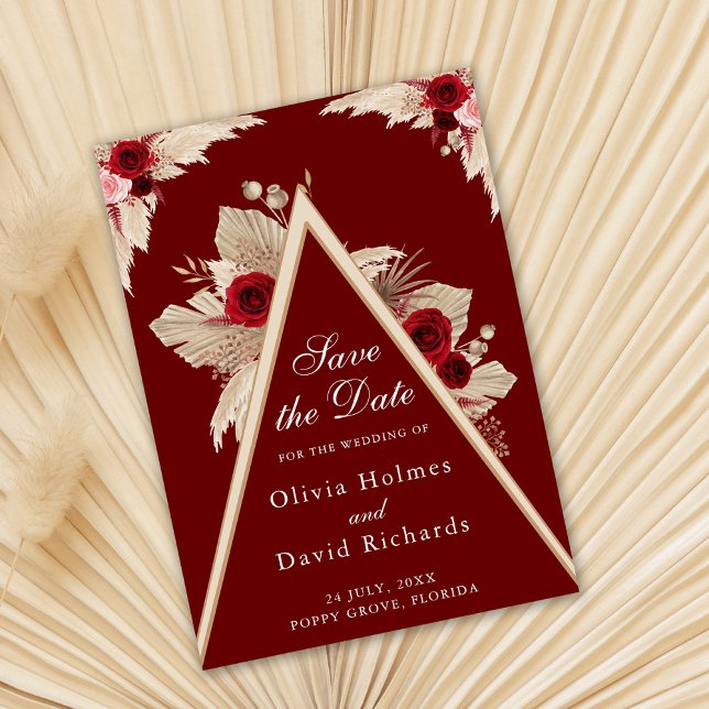 Burgundy Roses and Pampas Grass Save the Date Card (Creator Uploaded)
