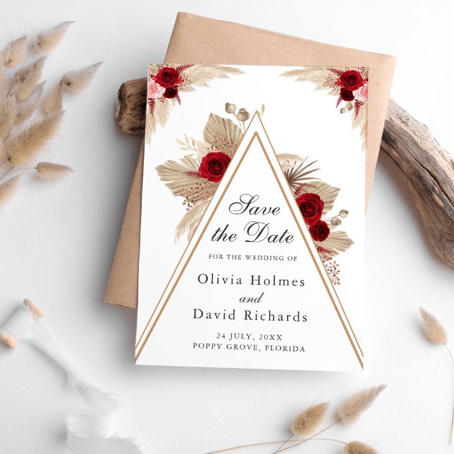 Burgundy Roses and Pampas Grass Save the Date Card (Burgundy Roses and Pampas Grass Save the Date Card on a table surrounded with pampas grass.)