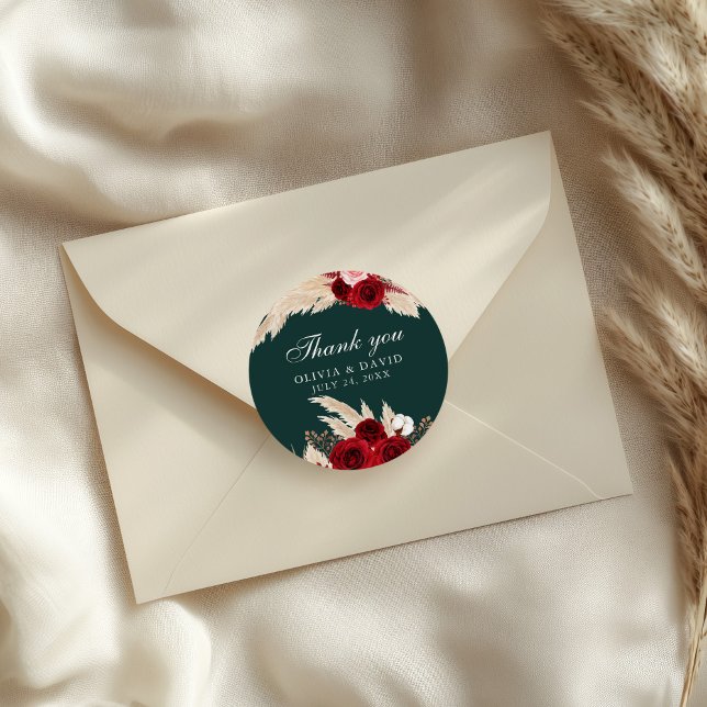 Burgundy Roses and Pampas Grass Thank You Sticker (Burgundy Roses and Pampas Grass Thank You Sticker on an elegant wedding envelope)