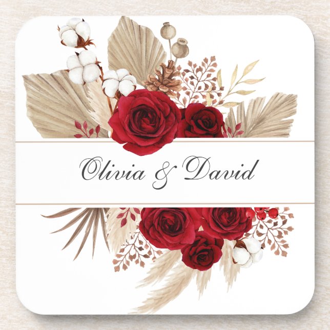 Burgundy Roses and Pampas Grass Wedding Coaster (Front)