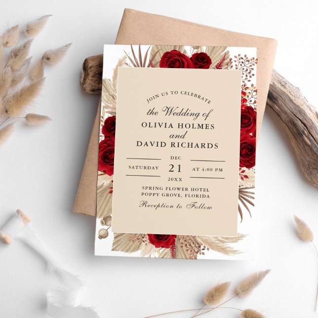 Burgundy Roses and Pampas Grass Wedding Invitation (Burgundy Roses and Pampas Grass Wedding Invitation on a white table sorrounded with dry palm leaves.)