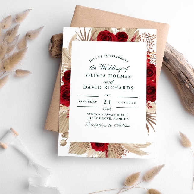 Burgundy Roses and Pampas Grass Wedding Invitation (Burgundy Roses and Pampas Grass Wedding Invitation on white table sorrounded with dry pampas grass.)