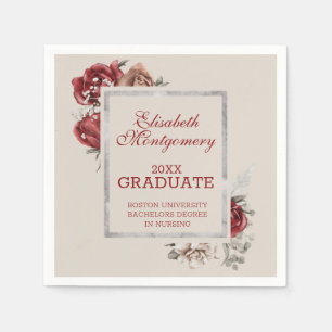 Burgundy Roses and Silver Frame Graduation Party Napkin