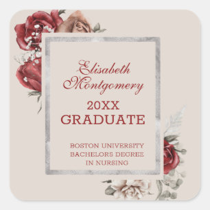 Burgundy Roses and Silver Frame Graduation Party   Square Sticker