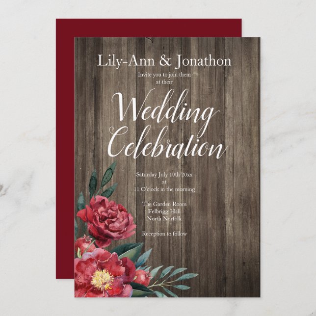 Burgundy Roses Barn Wood Rustic Wedding Invitation (Front/Back)