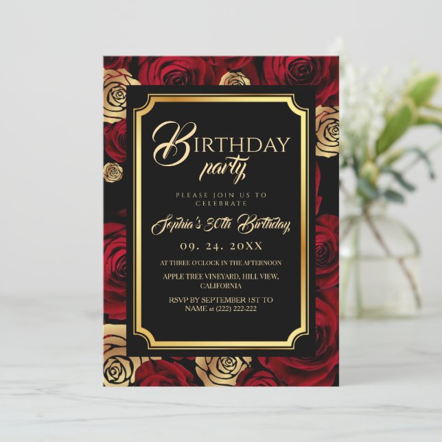  Burgundy Roses Birthday Party Invitation (Standing Front)