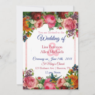 Burgundy Roses Blue Bird Floral Wedding Invitation