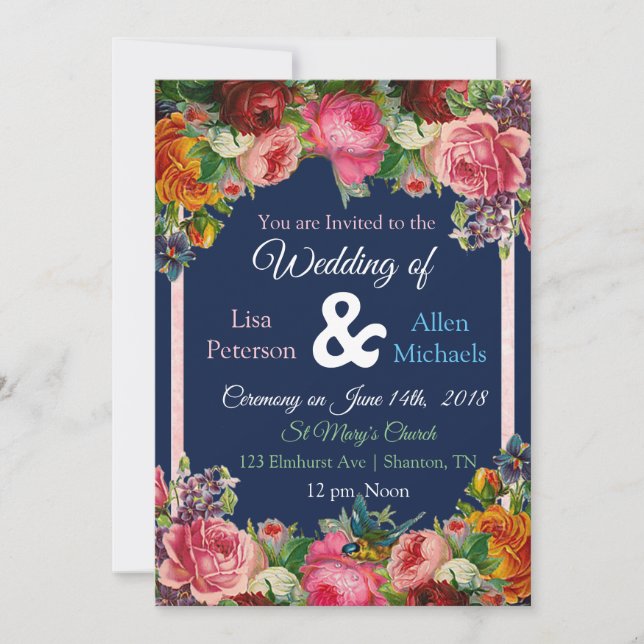 Burgundy Roses Blue Bird Floral Wedding Invitation (Front)