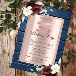Burgundy Roses,Blue Wood Rose Gold 35th Birthday Invitation