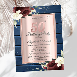 Burgundy Roses,Blue Wood Rose Gold 50th Birthday Invitation
