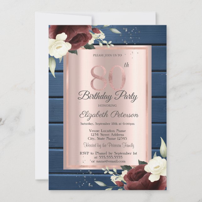 Burgundy Roses,Blue Wood Rose Gold 80th Birthday Invitation (Front)