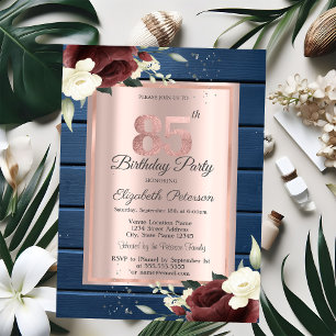 Burgundy Roses,Blue Wood Rose Gold 85th Birthday Invitation