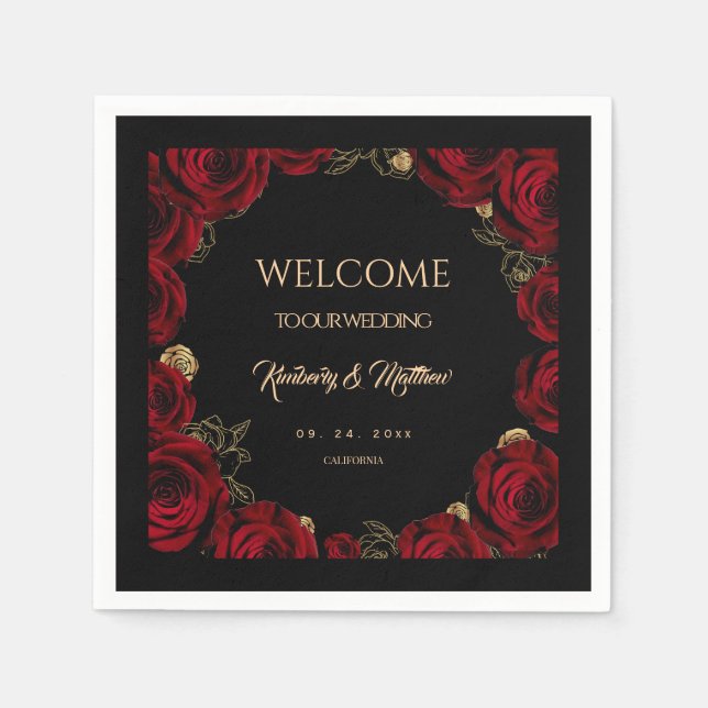 Burgundy Roses Boho Wedding Napkin (Front)