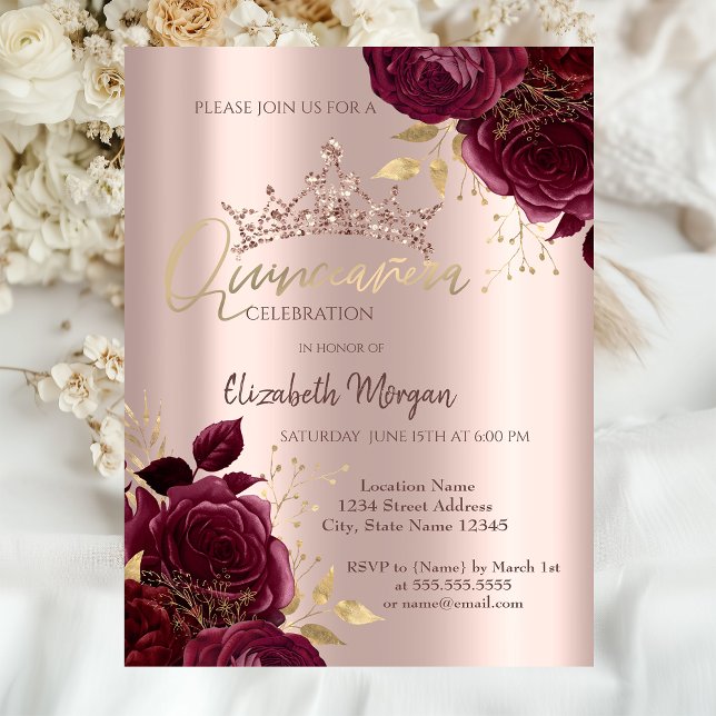 Burgundy Roses Chic Rose Gold Quinceañera  Invitation (Creator Uploaded)